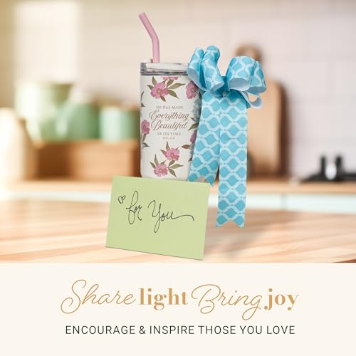 Image of Christian Art Gifts Extra Large Double-Wall Stainless Steel Insulated Women's Travel Mug Tumbler: Everything Beautiful Inspirational Scripture, Reusable Straw, Twist Dial Lid, White /Pink Floral, 40 oz