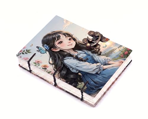 Image of URBAN UNFOLD Cute Anime Girl Aesthetic Journal - A5 Handmade Kawaii Diary with Antique Metal Lock, 200 Unruled Pages, Hardcover Hand-Stitched Personal Notebook for Girls, Teens & Anime Fans (Blue Butterfly Theme)