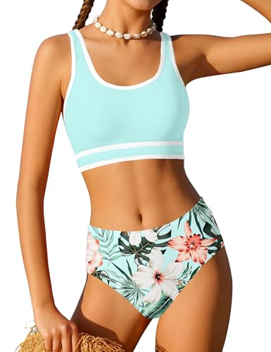 Image of Girls Swimsuit Double Strap High Waist Sporty Bikini Swimsuits Swim Cover Up Skirt 3 Piece Set