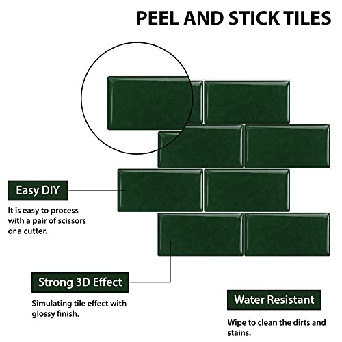 Artemuro 10-Sheets Green Peel And Stick Backsplash Tiles Subway To Spark Up Your Walls - Self Adhesive 3D Mosaics For Kitchen, Bathroom & Vanity - Waterproof Wall Panels (12X10") #TOP1
