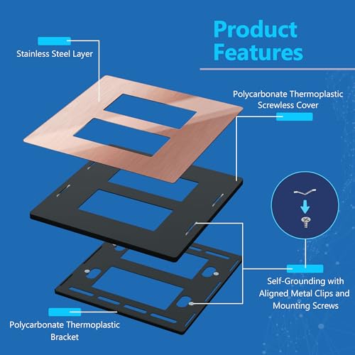 Image of LIDER Double Decorator Metal Wall Plate, Temperature and Impact Resistant, Screwless Cover, Modern Upgrade, Mid-Size 2-Gang 4.88 inch x 4.92 inch, UL Listed, Stainless Steel, Brushed Rose Gold, 1-Pack
