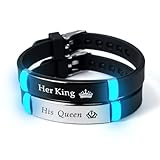 ATLVXJL 2pcs/set matching couples bracelets his queen her king Grow in the Dark English letter stainless steel silicone bracelet Valentine’s Day gift