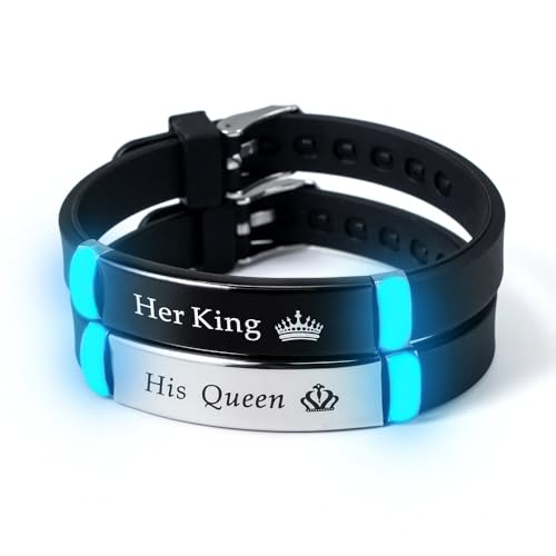 ATLVXJL 2pcs/set matching couples bracelets his queen her king Grow in the Dark English letter stainless steel silicone bracelet Valentine’s Day gift