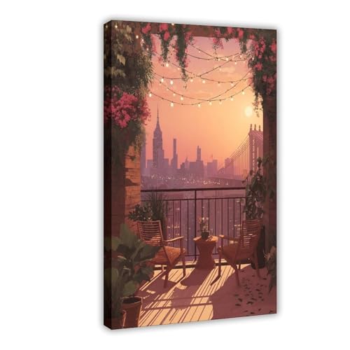ghNDJdk Brooklyn Rooftop Garden, Manhattan View, New York Terrace Illustration