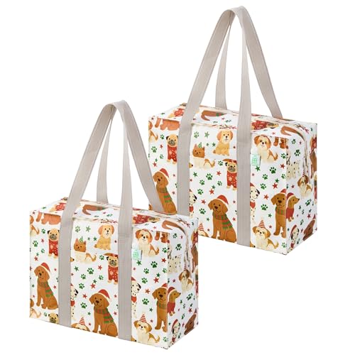 VENO 2 Pack Reusable Grocery Bags with Zipper Heavy Duty Utility Tote with Hard Bottom Foldable Water-Resistant Shopping Bags for Summer Beach Pool Picnic & Family Travel (Holiday Pups)