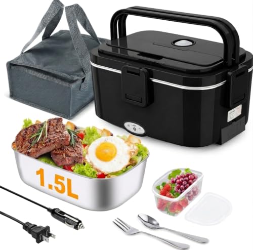 TLQQ Fiambrera Electrica 80W Taper Electrico para Comida 1,5L Fiambrera Termica 3 en 1 12V/24V/220V - Fiambreras Comida Trabajo Para Coche y Camión, Marmita Electrica en Acero Inoxidable