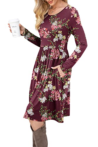 Image of DB MOON Women Casual Long Sleeve Dresses Empire Waist Knee Length Loose Dress with Pockets