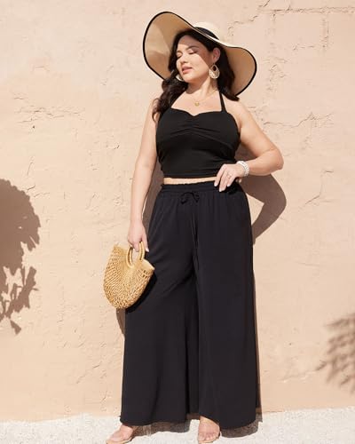 Womens Wide Leg Linen Pants Summer Casual Palazzo Flowy Elastic High Waisted with Pockets Boho Beach Trousers2