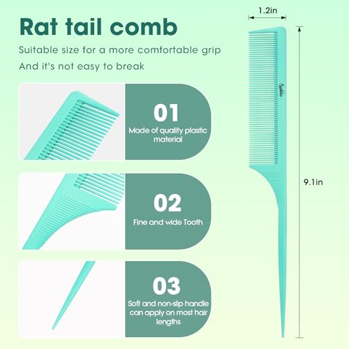 Kunihiko 2Pcs Rat Tail Comb Parting Combs for Women, Fine Tooth Parting Tip Carbon Fiber Root Teasing Anti Static Hair Comb for Styling (Green,Black)
