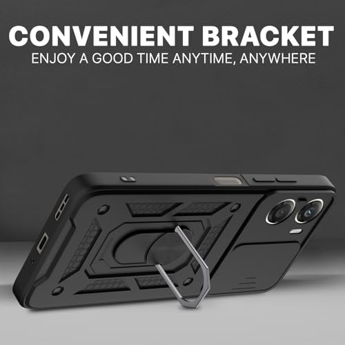 Image of Pikkme Back Cover for Motorola Moto G06 Power / G06 4G | 360 Protection Case | Sliding Camera Shield Cover & Ring Holder Stand D10 Tough Armor Bumper Case (Black)