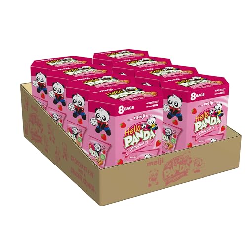 Meiji Hello Panda Cookies, Strawberry Crème Filled - 6 oz, Pack of 8, 64 Bags Total - Bite Sized Cookies with Fun Panda Sports