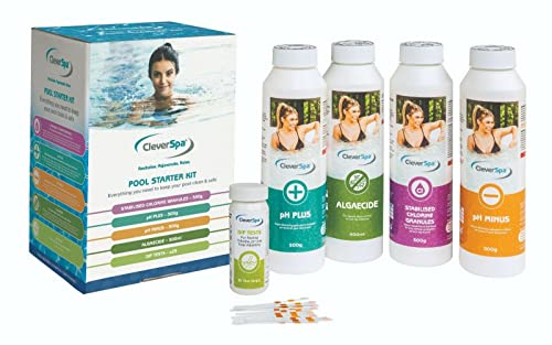 CleverSpa Universal Outdoor Pool Water Natural Chemical Starter Kit with Stabilizing Granules, Algaecide, pH Minus, pH Plus, and Dip Tests, (5 Pack)