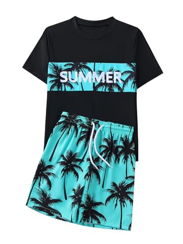 Kids Boys 2Pcs Rash Guard Swimsuit Coconut Tree Print Tankini Swim Top with Shorts Set Beach Bathing Suit