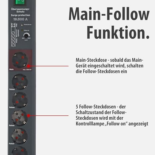 Brennenstuhl Secure-Tec Steckdosenleiste 6-Fach mit Überspannungsschutz und Main Follow Funktion (Mehrfachsteckdose mit Schalter und 3m Kabel) anthrazit – Bild 5