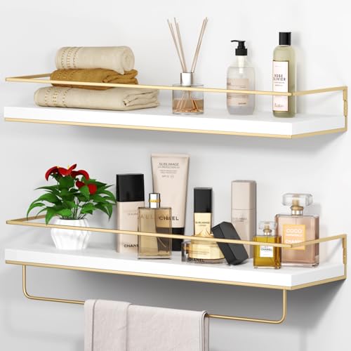 23 Inches Floating Shelves, Set of 2, Wall Mounted with Golden Towel Rack - image 1