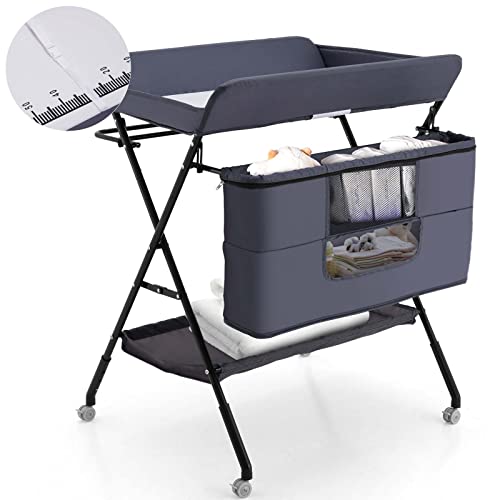 Portable Baby Changing Table with Wheels, Adjustable Height Infant Changing Station, Folding Nursery Diaper Changing Table with Storage and Laundry Shelf, Hanger (Grey) Portable Baby Changing Table with Wheels, Adjustable Height Infant Changing Station, Folding Nursery Diaper Changing Table with Storage and Laundry Shelf, Hanger (Grey)