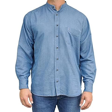 The Celtic Ranch Irish Grandfather Collarless Cotton/Tencel Denim Shirt in Light Blue Indigo Wash - Blue Cover