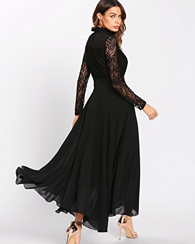 Roiii Women's Formal Floral Lace Chiffon Long Sleeve Evening Cocktail Party Maxi Dress (XX-Large, Black)