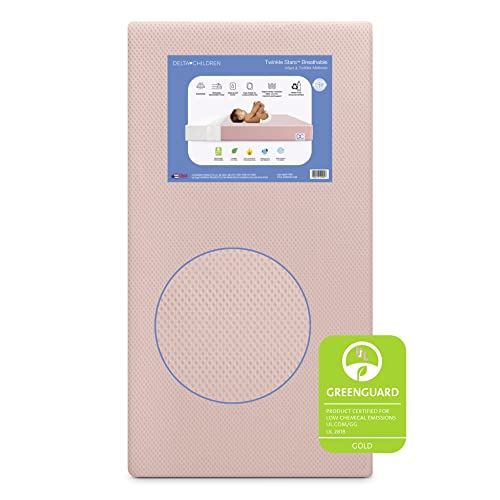 Image of Delta Children Twinkle Stars Breathable Baby Bed Crib Mattress and Toddler Mattress with Removable/Machine Washable Cover - GREENGUARD Gold – Waterproof - Sustainably Sourced Core Fiber Core, Pink