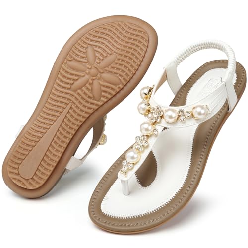 Image of SHIBEVER Flat Sandals for Women Dressy: White Size 8 Summer Comfort Dress Sandals - Comfortable Walking Dressy Slip on Thong Flats Womens Sandal