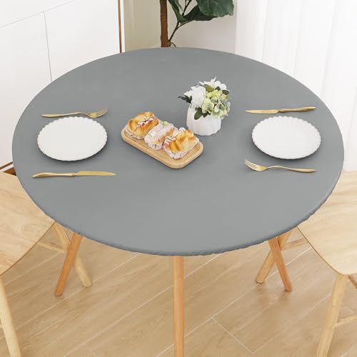 Smiry Round Picnic Tablecloth, Wipeable Flannel Backed Vinyl Tablecloths for 18" - 24" Tables, Waterproof Elastic Fitted Table Covers for Camping, Indoor, Outdoor, Grey by Smiry - Used condition - Image 7