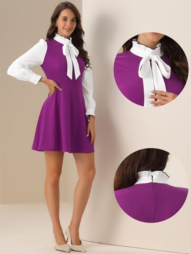 Image of Allegra K Tie Neck Dresses for Women's 1960s Vintage Long Sleeve Contrast Color Dress