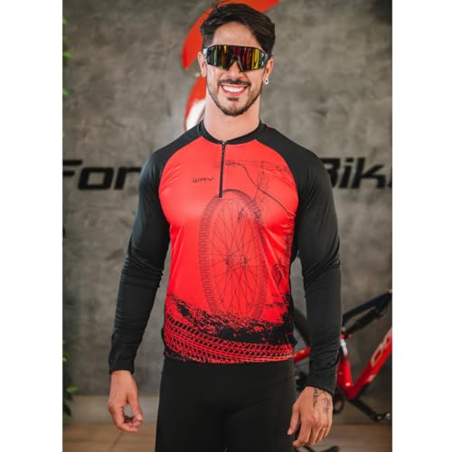 Conjunto de Ciclismo Masculino Camisa Manga Longa Vernelha + Calça Acolchoada Forro GEL Bike Roupa C
