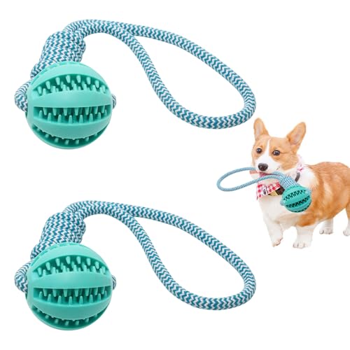 POXIAOER Juguetes para perros, paquete de 2 bolas de goma para perros con cuerda, dispensador de bolas de golosinas para perros, limpieza de dientes, juguete interactivo para cachorros pequeños y