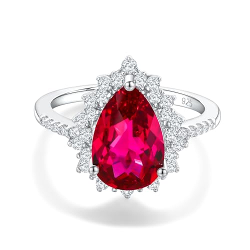 RANDES Ruby Rings for Women 4 Carat Pear Shaped Engagement Halo Ring in Sterling Silver Red Gemstone July Birthstone Ring Size 7