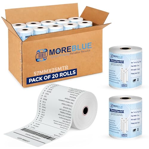Image of MOREBLUE Pack of 20 57mm x 25m Direct Thermal Receipt Paper Rolls, Premium Ink-Free POS Billing Rolls for Credit Machines, Food Billing, ATM & Petrol Pump Receipts