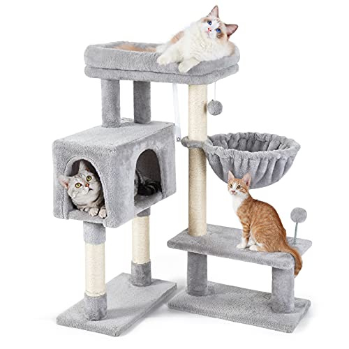 rabbitgoo Cat Tree Cat Tower with Adjustable Base, Small Cat Tree for Indoor Cats, Multi-Level Cat Condo with Scratching Posts & Large Perch, Cat Climber Stand for Small Kittens, 38" Tall (Grey)