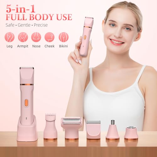 5-in-1 Bikini Trimmer for Women, IPX7 Waterproof Electric Razors Shaver, Cordless Body Hair Trimmer, Facial & Pubic Hair Removal, Ceramic Blade (Blush)