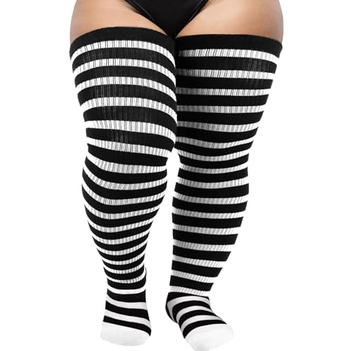 Image of DRESHOW Plus Size Thigh High Socks Striped Over Knee Long Boot Stockings Knee High Tube Socks Leg Warmers for Women