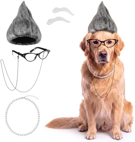 Suhine Pet Halloween Costume Accessories Set Vintage Old Lady Style Pointed Grey Wig, Pearl Necklace, Cat Eye Glasses, Chain and Nose Pads Funny Granny Cosplay Props for Cat Dog Party