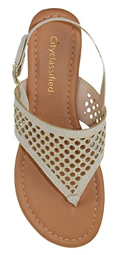 City Classified Women Flat Sandals Ankle Strap Buckled Thongs Cut Out TAKEME Beige Nude 7.5