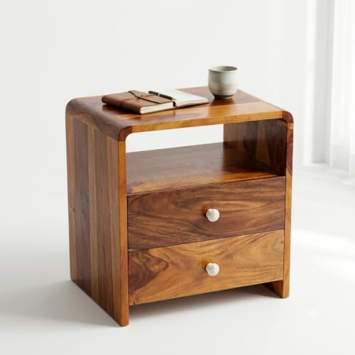 Image of Sheesham Wood Bed Side Table with 2 Drawer and Shelf Storage Wooden Nightstand End Table for Bedroom Home (Brown Finish) Already Assembled
