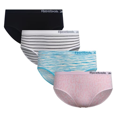 Reebok Girls Hipster Panties - 4 Pack Soft Performance Stretch Seamless Hipster Underwear for Girls with Elastic Waistband Size 8-10 Pink Jacquard/Scuba Blue Spacedye/White Stripe/Black