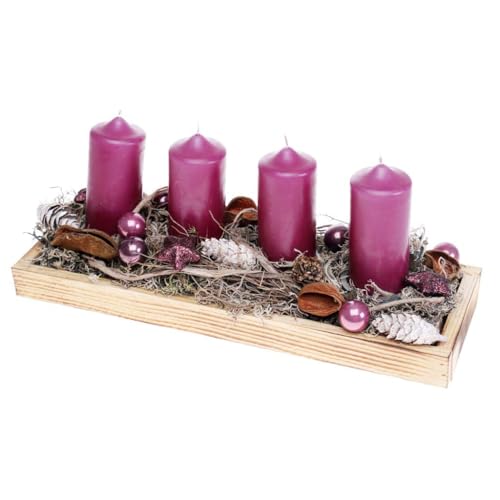 Adventsgesteck länglich auf Holztablett, 4 Stumpenkerzen brombeer CreaFlor...