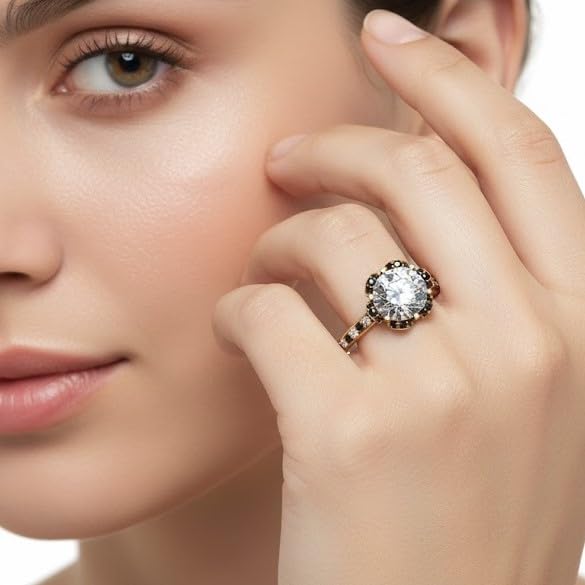 Image of 55Carat Choose Your Gemstone 6 Petal Ring Yellow Gold Plated Round Shape Halo Engagement Rings Well Shaped for Any Gift Giving Occassion Modern Style Enchating Women US Size 4 to 12