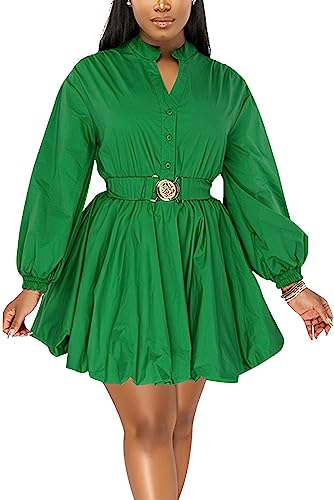 ENOPINK Womens Puff Sleeve Mini Dress Fall Dresses 2025 Button Down Split V Neck High Waist Party Clubwear with Belt Green S