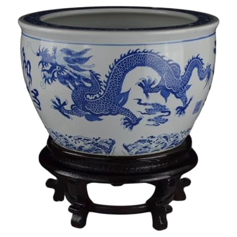 16" Porcelain Blue and White Fishbowl. Fish Bowl Two Dragons Playing with Super Pearl Chinese Cover