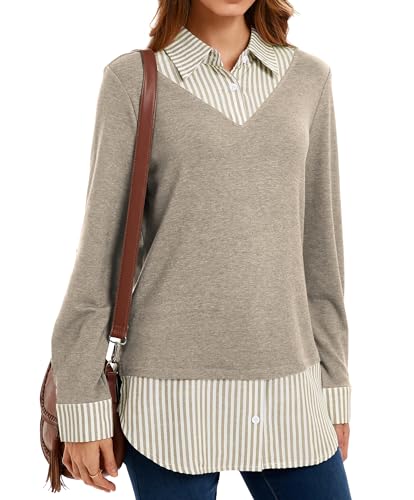 Image of Oyamiki Women's Casual Collared Curved Hem 2 in 1 Pullover Tops Plaid Contrast Shirt Blouse