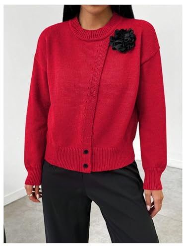 Image of MakeMeChic Women's Wrap Cardigan Sweater Flower Button Down Pullovers Tops Red X-Large