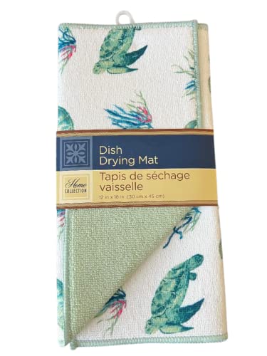 Summer Ocean Sea Marine Life Patterned Dish Drying Mat - Sea Turtles, Seaweed, and Coral - 12 x 18 Inches