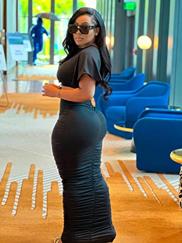 Image of YUEWOO 2 Piece Outfits for Women Sexy Crop Top Ruched Bodycon Maxi Dresses Fringe Skirt Sets Night Club Jumpsuits