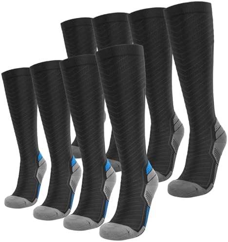 SONORAN 4 Pairs Kompressionsstrümpfe Damen und Herren Klasse 2 Stützstrümpfe Kompressionssocken Compression Socks Kompression für Running, Reisen, Sport L/XL (Schwarz Grau&Blau)