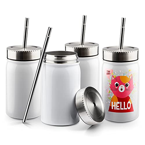 ISTOYO 4 Pack 17 Oz Sublimation Mason Jar for Cricut Mug Press, 10 Pack Shrink Wrap Films Included! Double-Walled Stainless Steel Insulated Mason Jar with Lid and Metal Straw