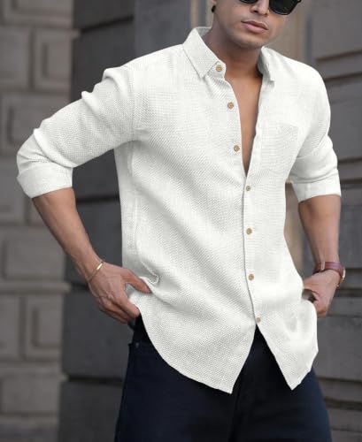 Image of NexaFlair Men's Shirt Regular Fit Solid Pattern Linen Cotton with Long Sleeve Collared Neck Standard Length and Button Down Closure Type | Mens Casual Shirts | Man's Formal Shirts