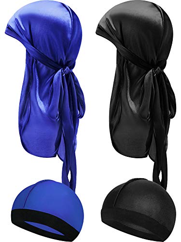 4 Pieces Kids Silky Durag with Wave Caps Set Unisex Baby Durags Long Tail and Wide Strap Headwraps Turban Beanies