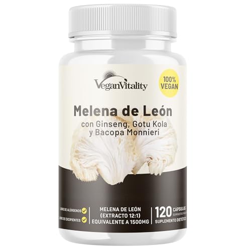Melena de Leon Capsulas - Lions Mane Suplemento Libre de Cafeína - 120 Cápsulas Nootropic Veganas de Bacopa Monnieri, Gotu Kola, Ginseng